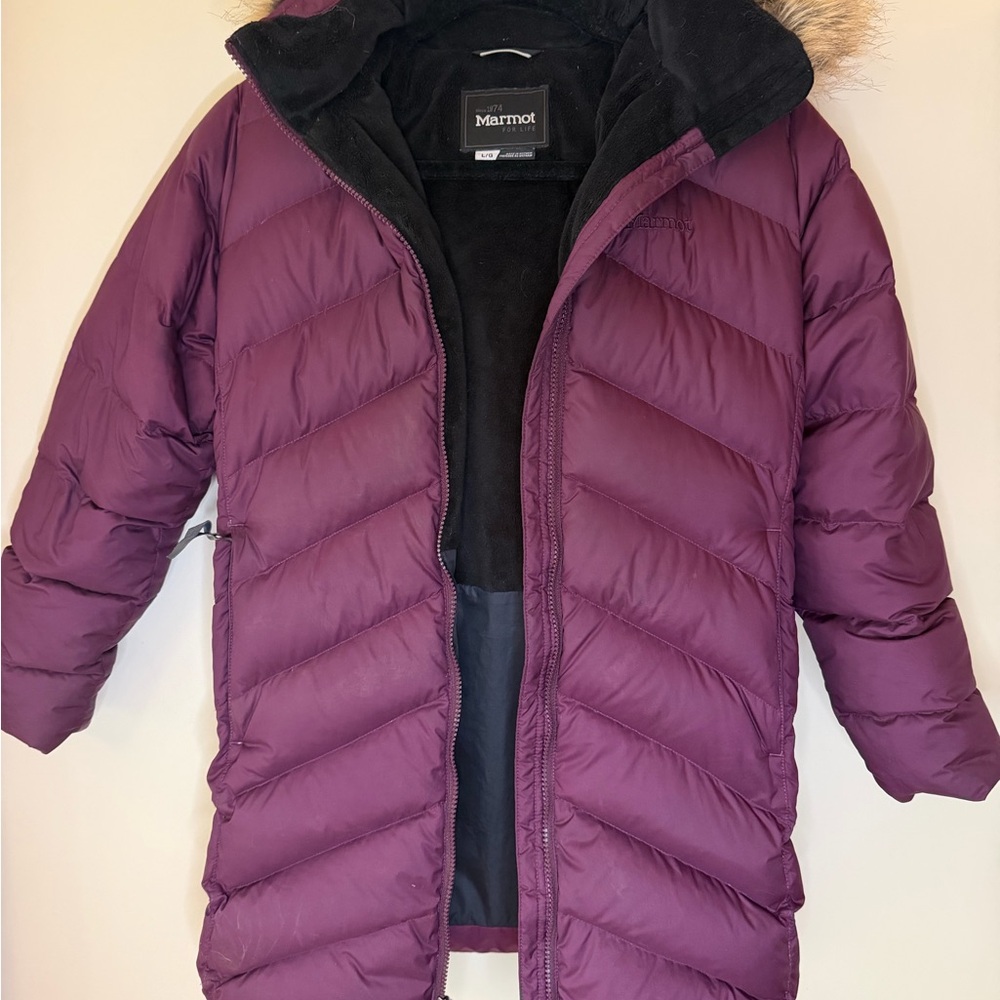 Marmot Purple Puffer Jacket with Faux Fur Hood